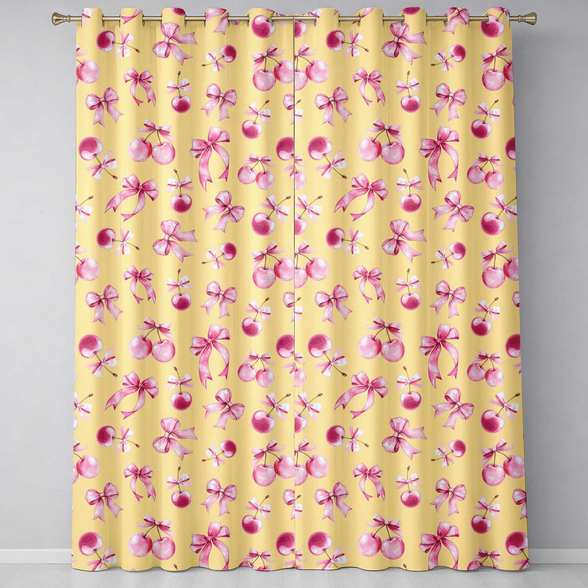 Watercolor Pink Cherry Ribbon Bow Seamless Warm Yellow Background Readymade Eyelet Ring Top Thermal 100% Blackout Curtains