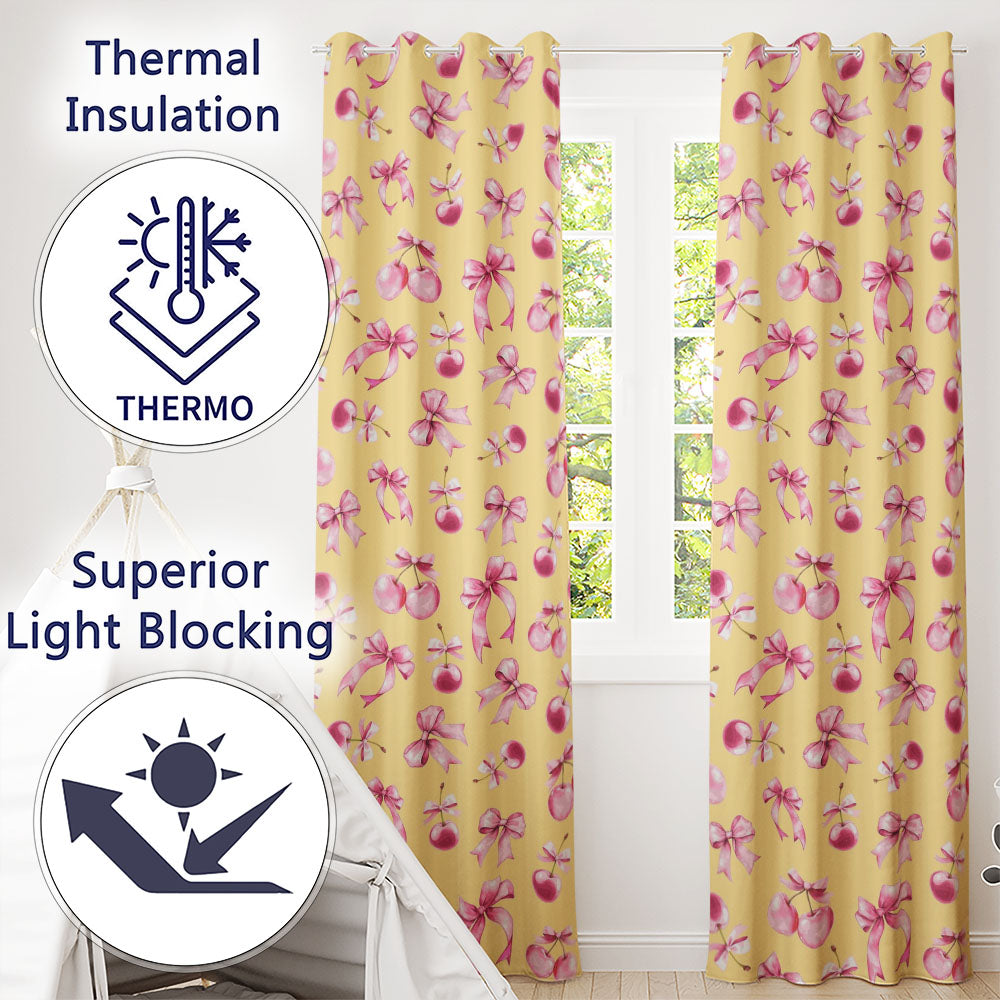 Watercolor Pink Cherry Ribbon Bow Seamless Warm Yellow Background Readymade Eyelet Ring Top Thermal 100% Blackout Curtains