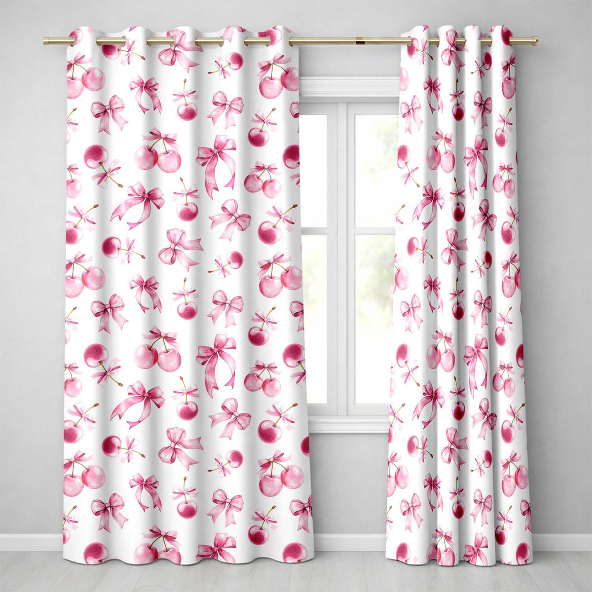 Watercolor Pink Cherry Ribbon Bow Seamless Blush Neutral Background Readymade Eyelet Ring Top Thermal 100% Blackout Curtains