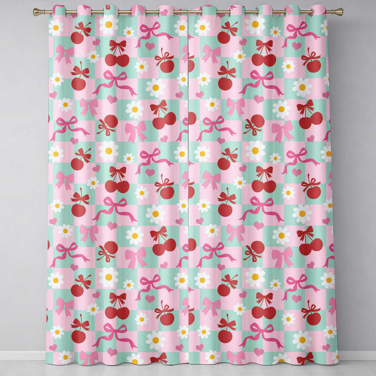 Cherry Bow Daisy Heart Seamless on Mint and Pink Gingham Background Readymade Eyelet Ring Top Thermal 100% Blackout Curtains