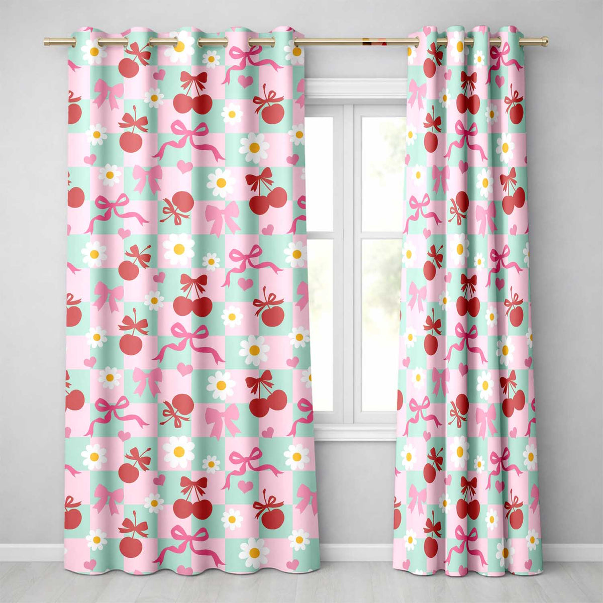Cherry Bow Daisy Heart Seamless on Mint and Pink Gingham Background Readymade Eyelet Ring Top Thermal 100% Blackout Curtains