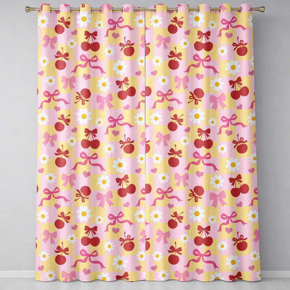 Cherry Bow Daisy Heart on Pink and Yellow Gingham Background Readymade Eyelet Ring Top Thermal 100% Blackout Curtains