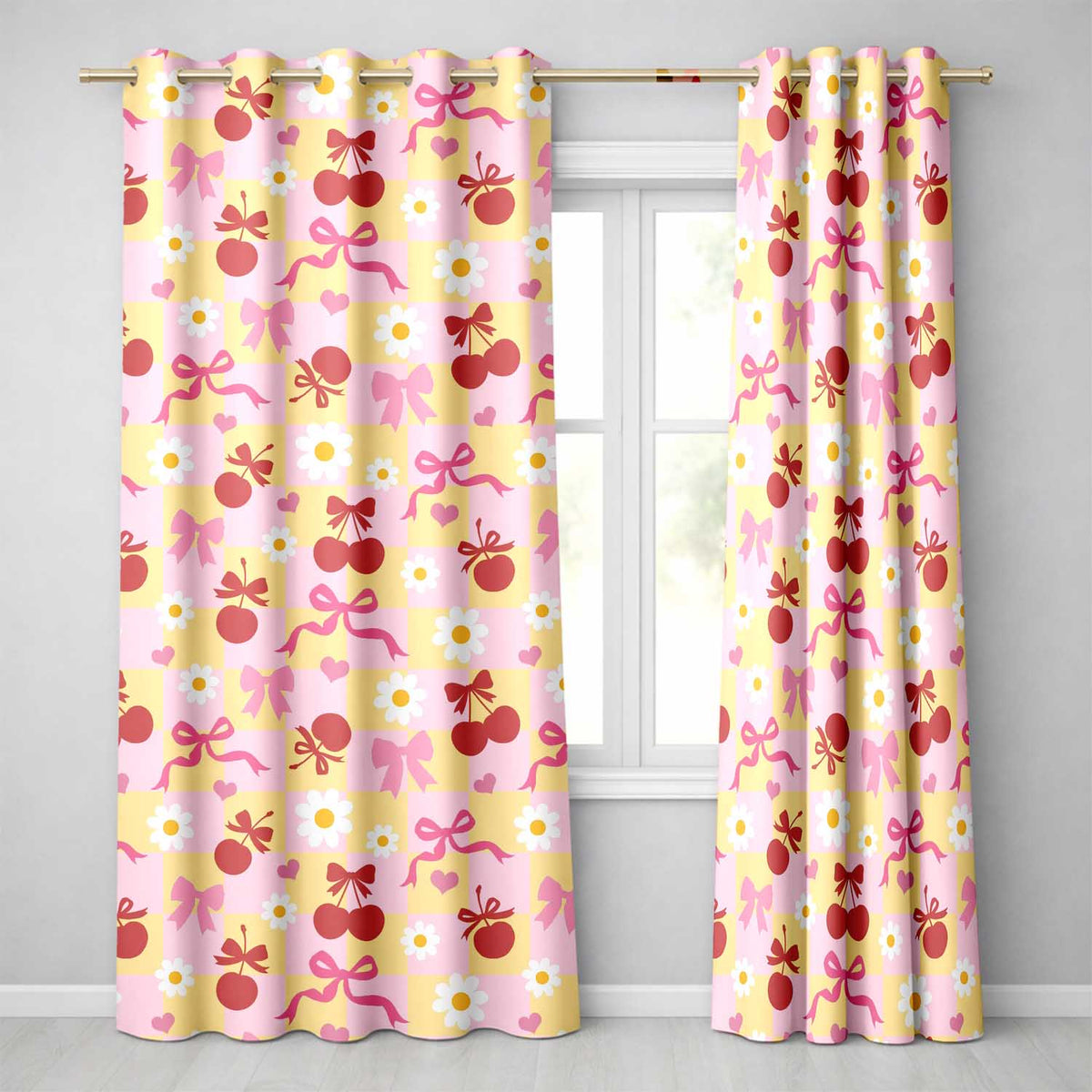 Cherry Bow Daisy Heart on Pink and Yellow Gingham Background Readymade Eyelet Ring Top Thermal 100% Blackout Curtains