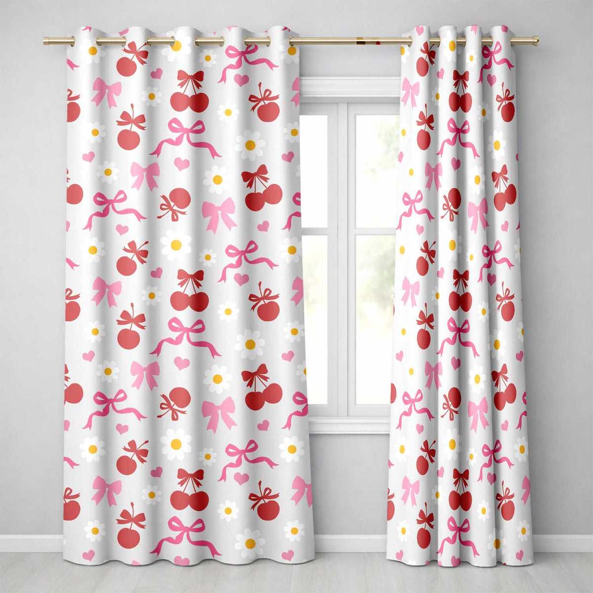 Cherry Bow Daisy Heart Seamless on Light Neutral Cream Background Readymade Eyelet Ring Top Thermal 100% Blackout Curtains