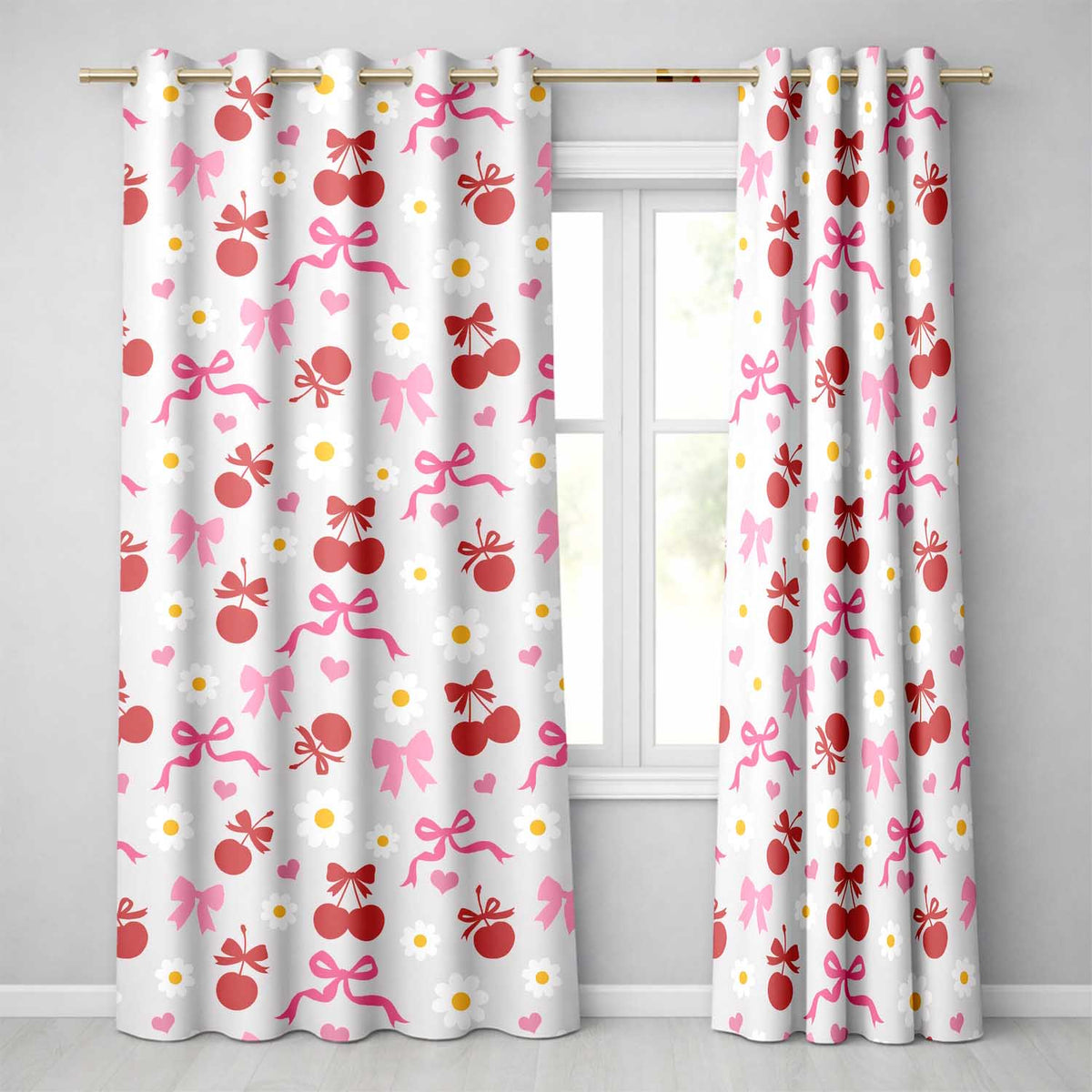 Cherry Bow Daisy Heart Seamless on Warm White Background Readymade Eyelet Ring Top Thermal 100% Blackout Curtains