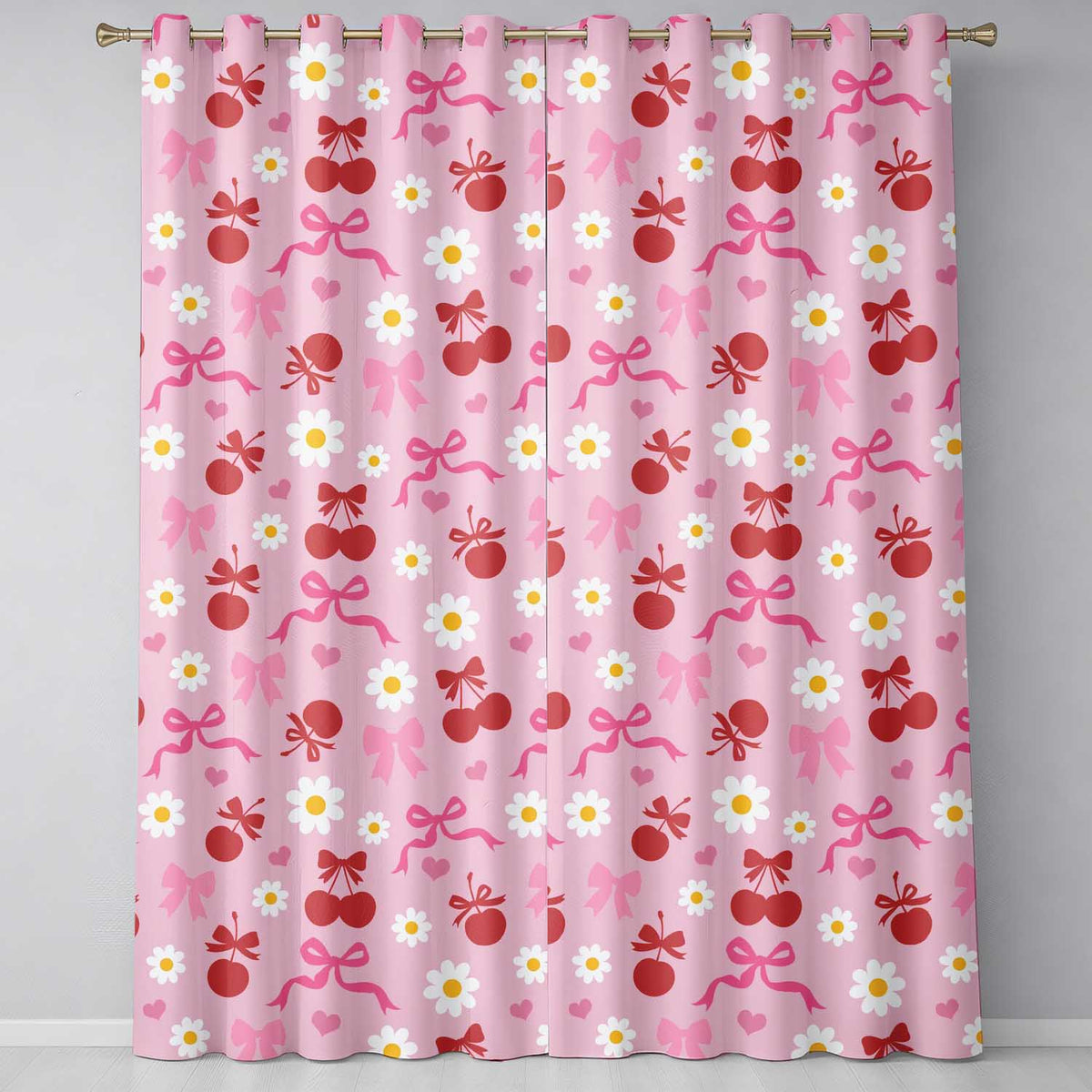 Cherry Bow Daisy Heart Seamless on Light Pink Background Readymade Eyelet Ring Top Thermal 100% Blackout Curtains