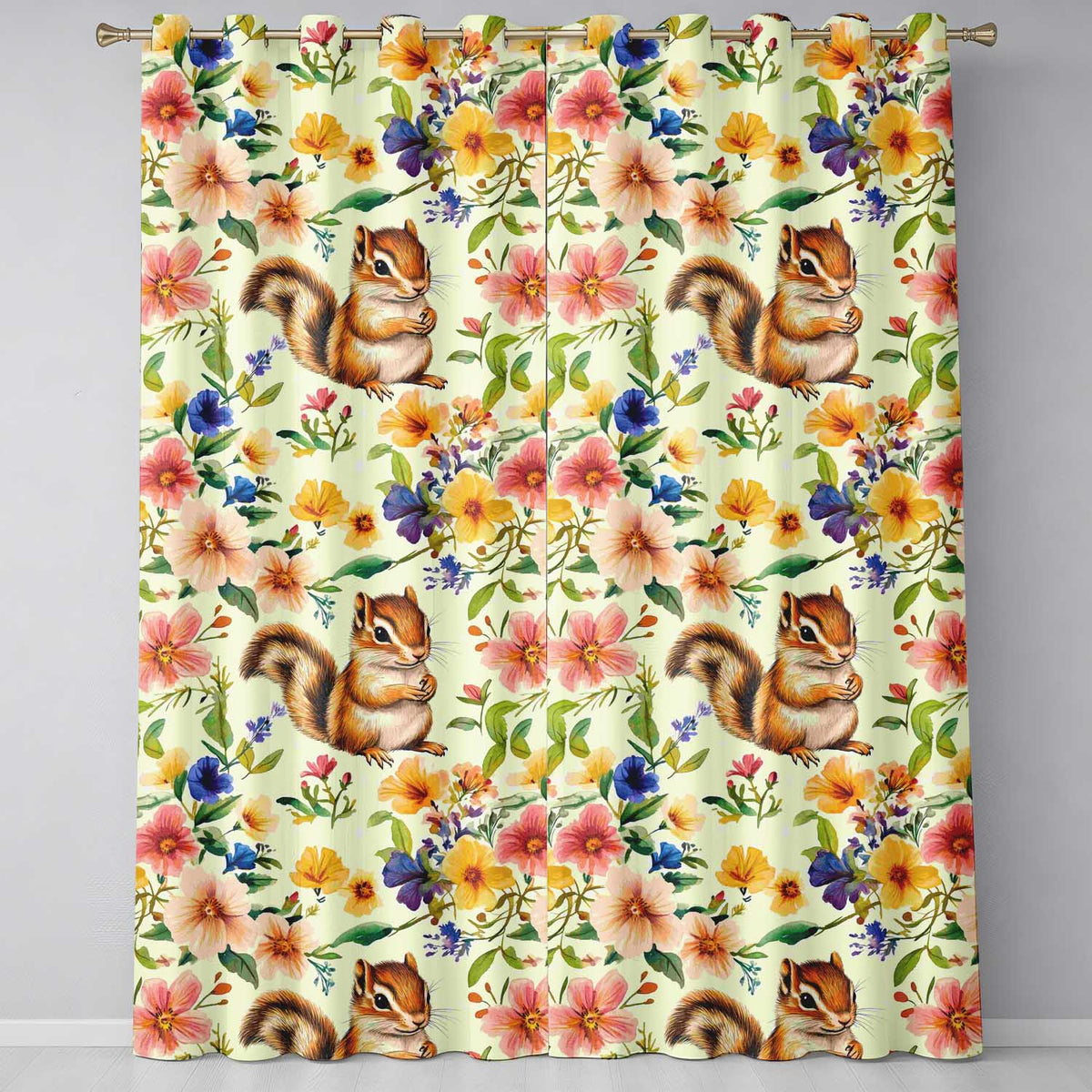 Watercolor Chipmunk Wildflower Botanical Seamless Readymade Eyelet Ring Top Thermal 100% Blackout Curtains