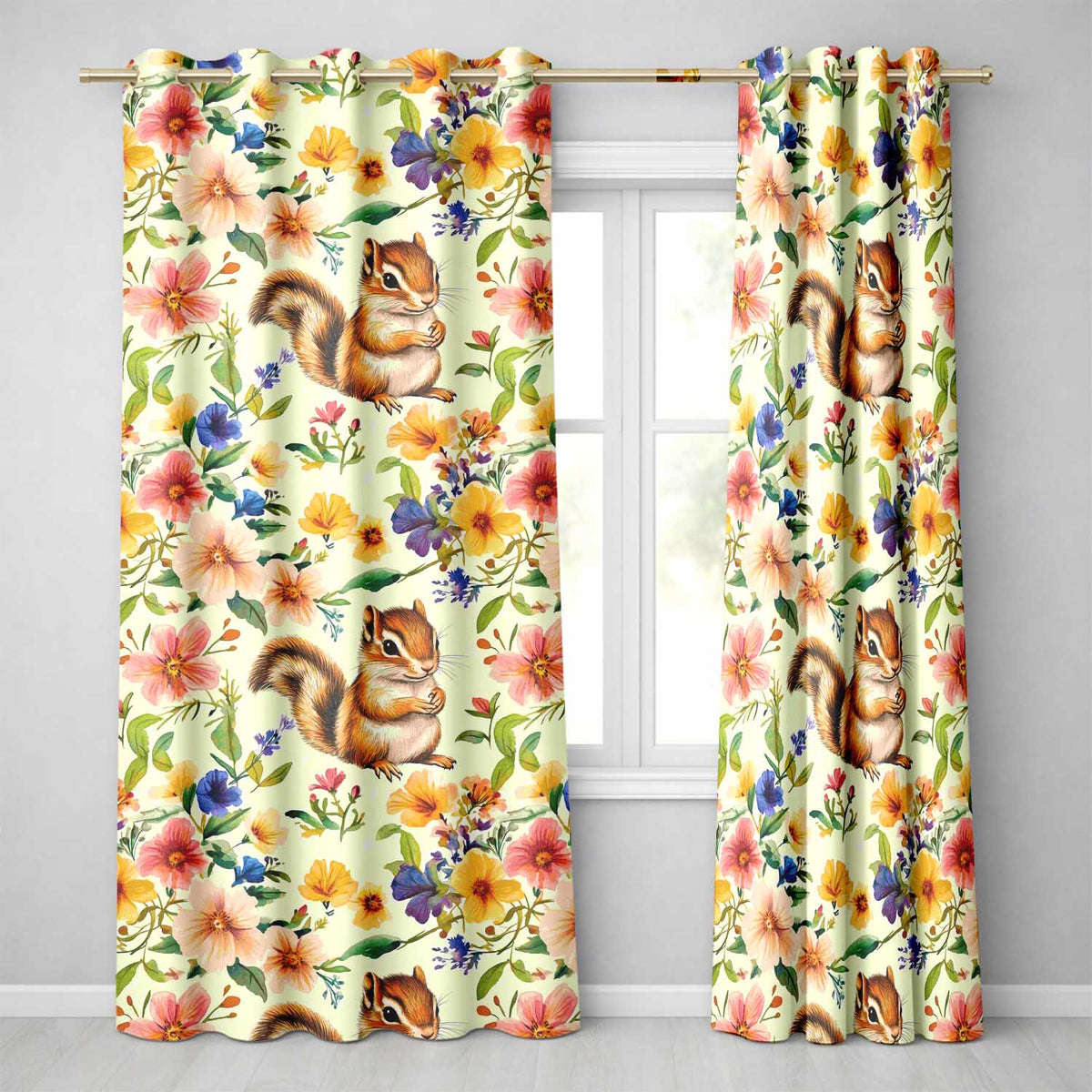 Watercolor Chipmunk Wildflower Botanical Seamless Readymade Eyelet Ring Top Thermal 100% Blackout Curtains