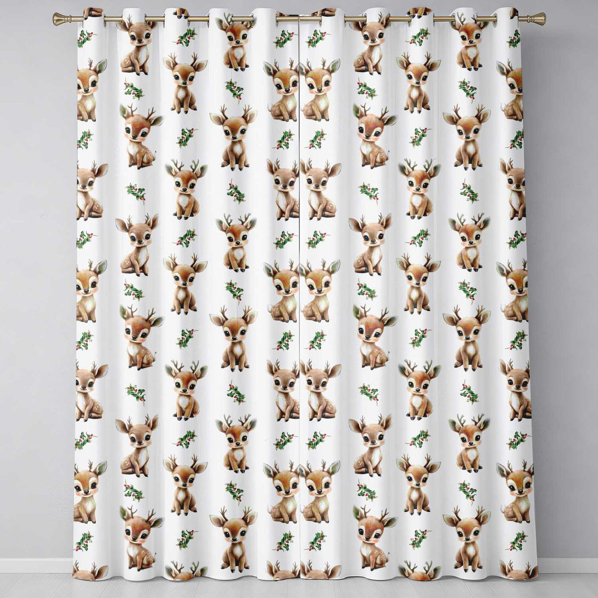 Baby Reindeer Holly Christmas Seamless Readymade Eyelet Ring Top Thermal 100% Blackout Curtains