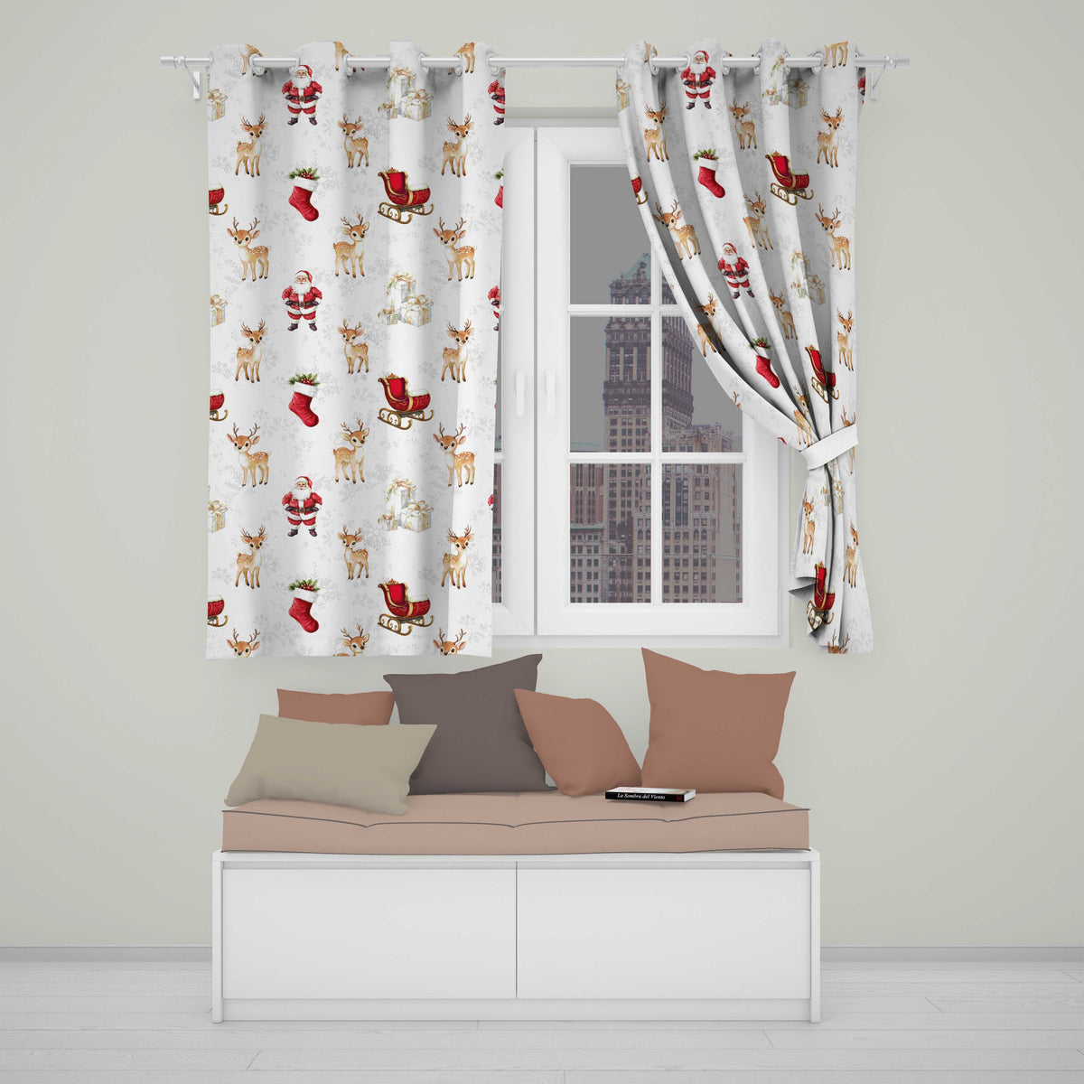 Christmas Santa Reindeer Sleigh Gift Seamless Readymade Eyelet Ring Top Thermal 100% Blackout Curtains