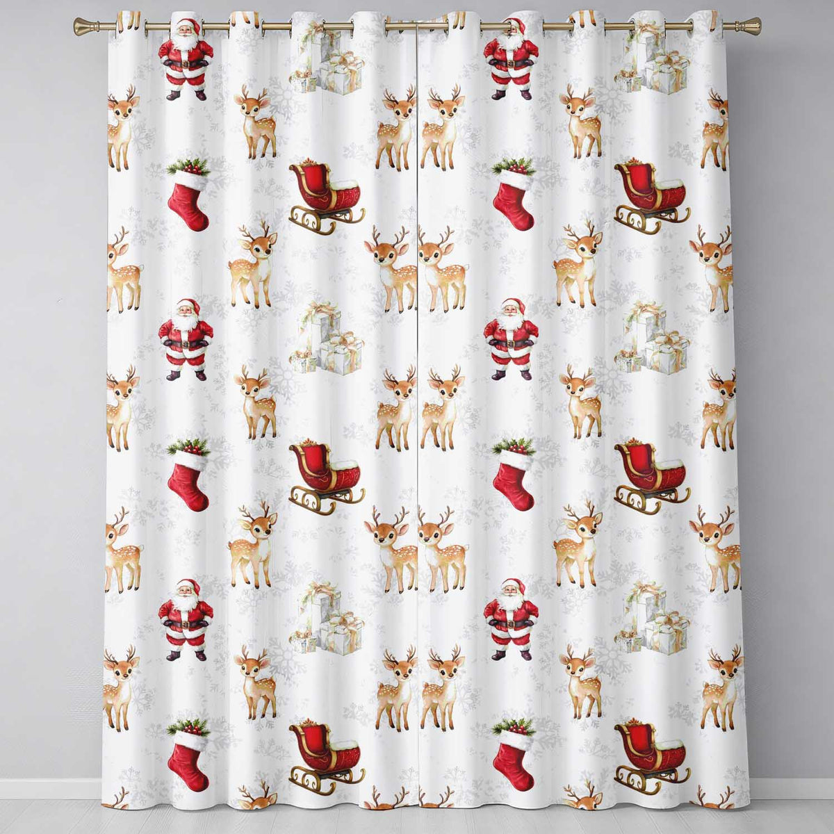 Christmas Santa Reindeer Sleigh Gift Seamless Readymade Eyelet Ring Top Thermal 100% Blackout Curtains