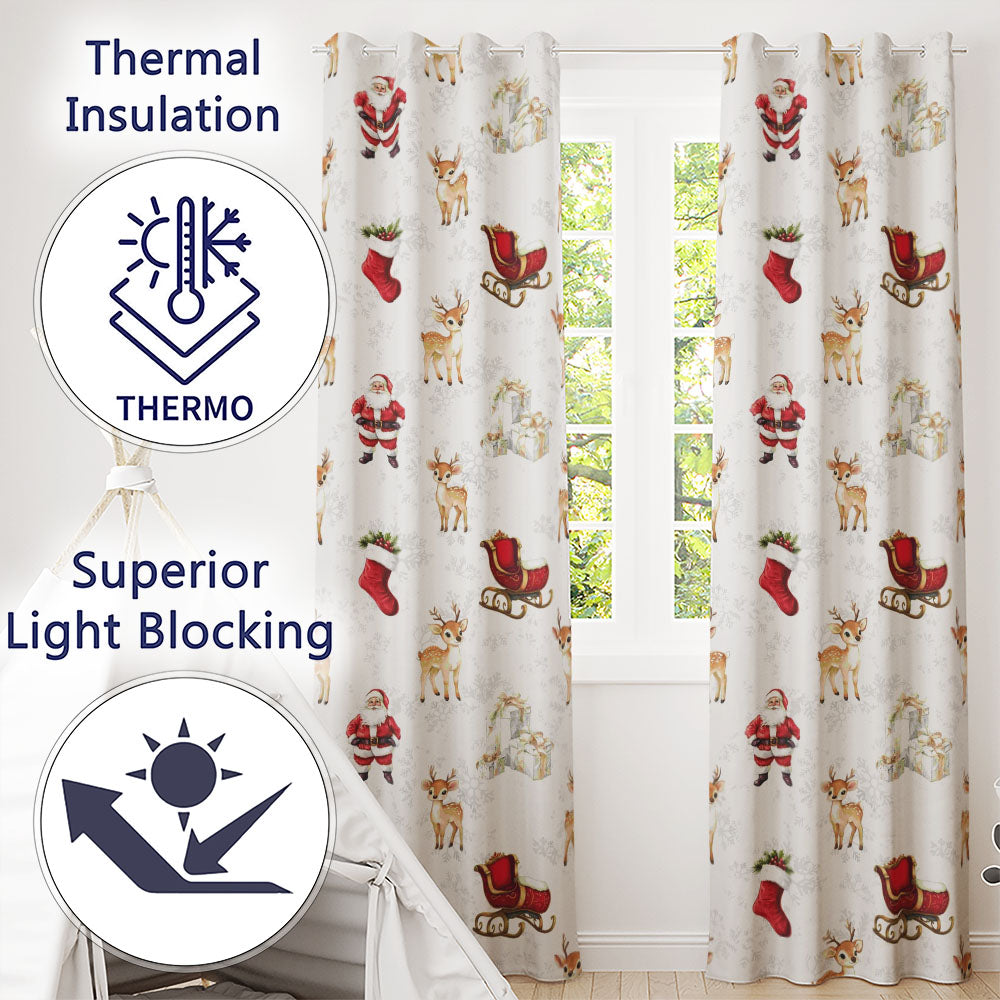 Christmas Santa Reindeer Sleigh Gift Seamless Readymade Eyelet Ring Top Thermal 100% Blackout Curtains