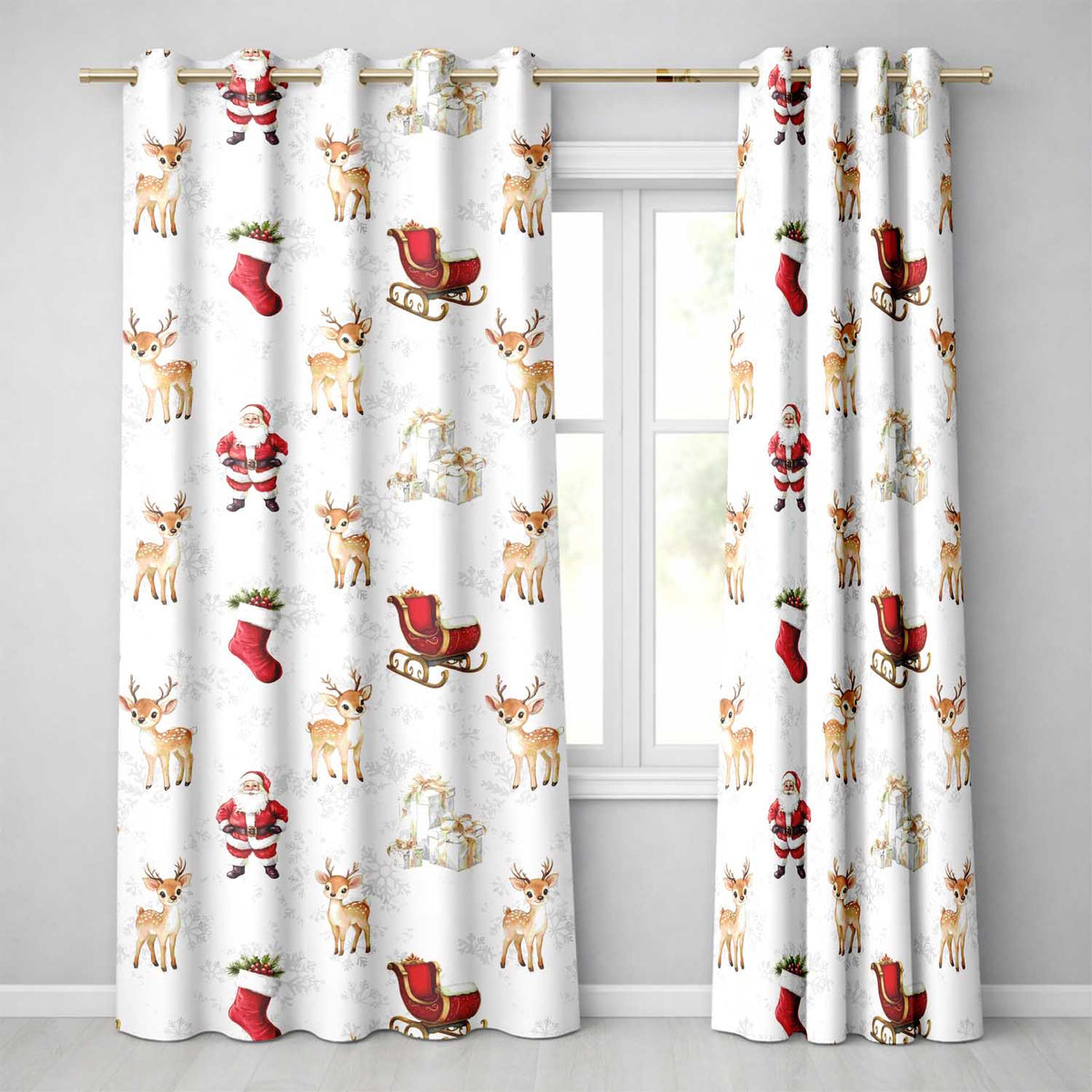 Christmas Santa Reindeer Sleigh Gift Seamless Readymade Eyelet Ring Top Thermal 100% Blackout Curtains