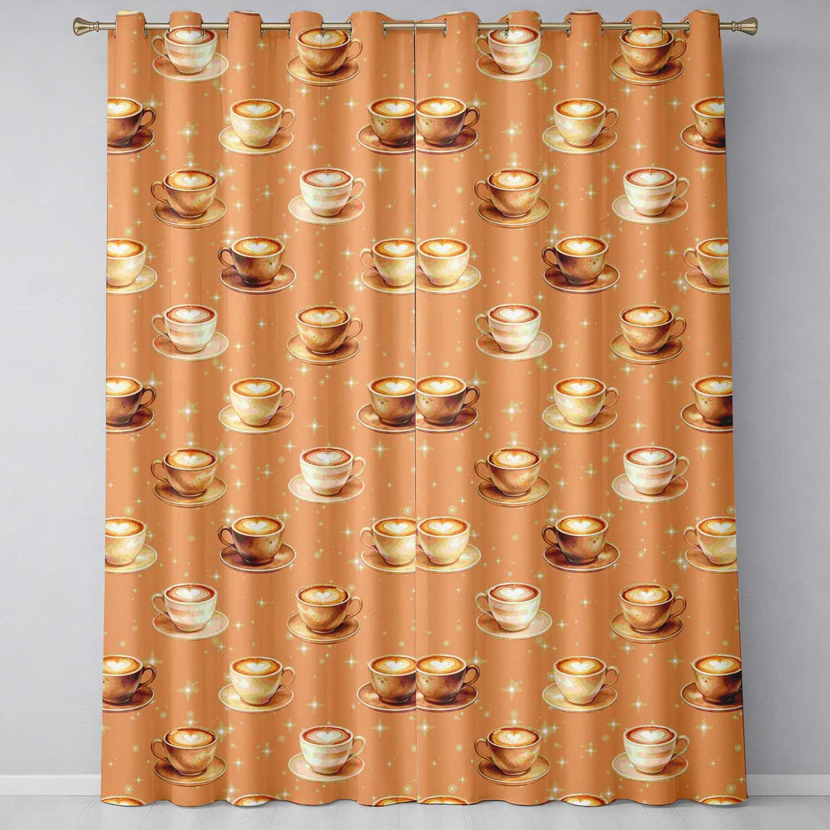 Coffee Latte Cappuccino Cup Seamless on Beige Background Readymade Eyelet Ring Top Thermal 100% Blackout Curtains