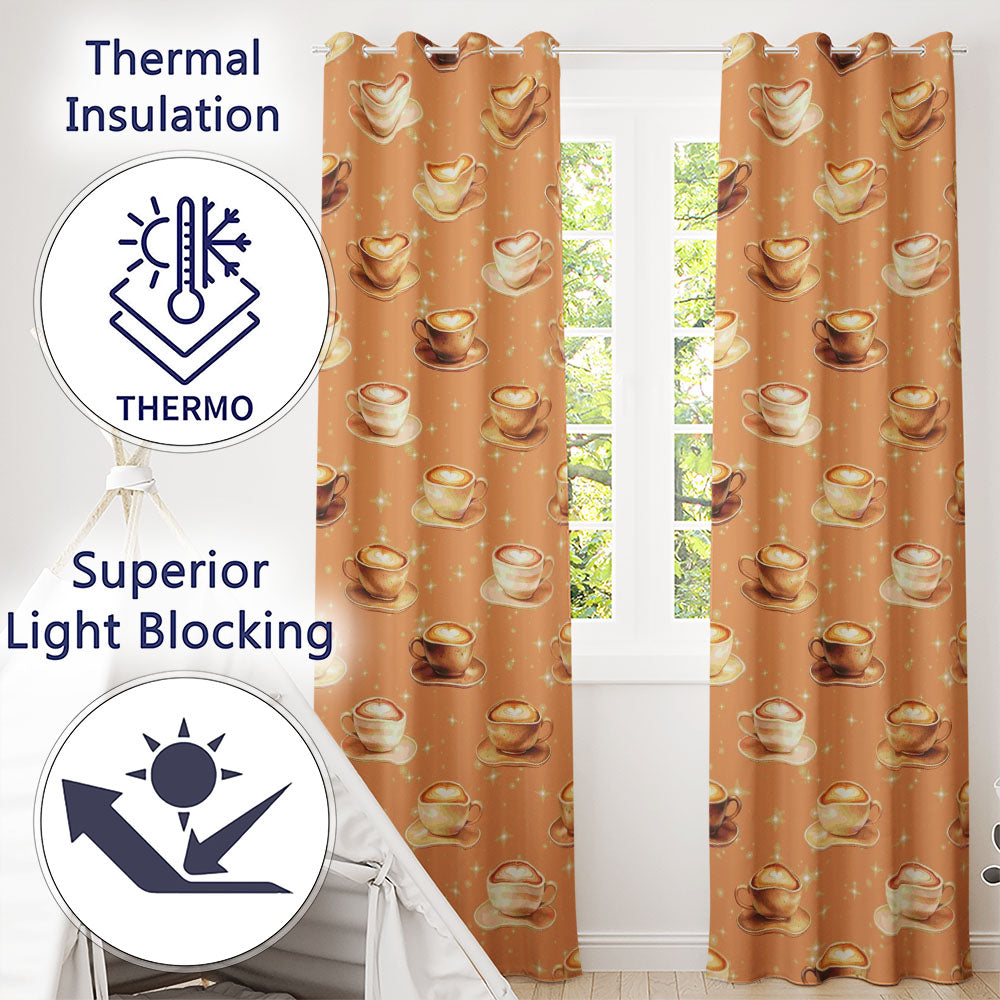 Coffee Latte Cappuccino Cup Seamless on Beige Background Readymade Eyelet Ring Top Thermal 100% Blackout Curtains