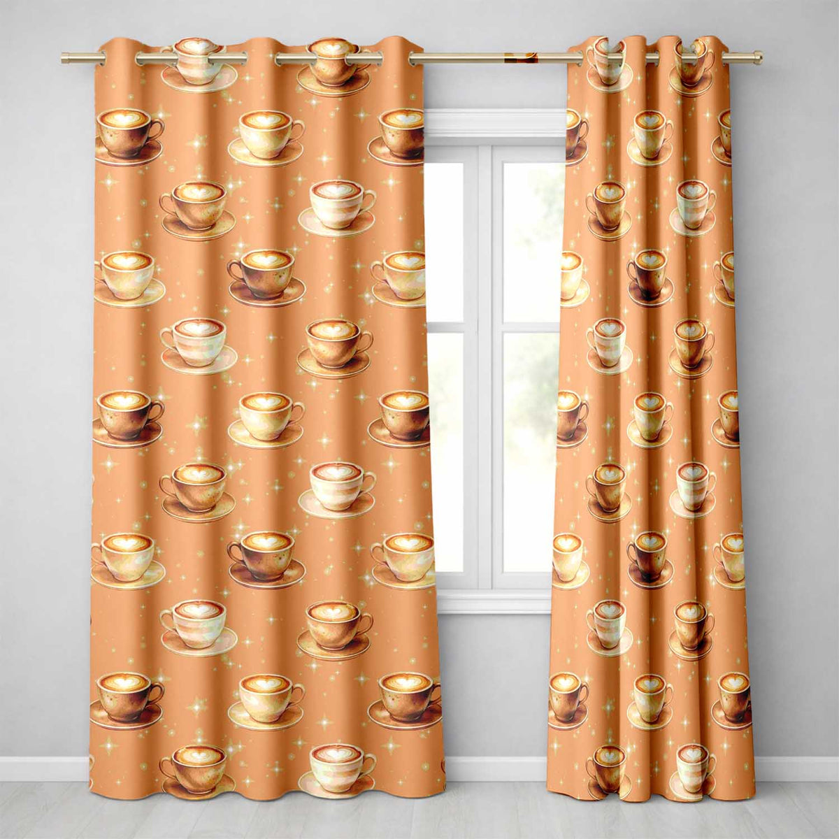 Coffee Latte Cappuccino Cup Seamless on Beige Background Readymade Eyelet Ring Top Thermal 100% Blackout Curtains