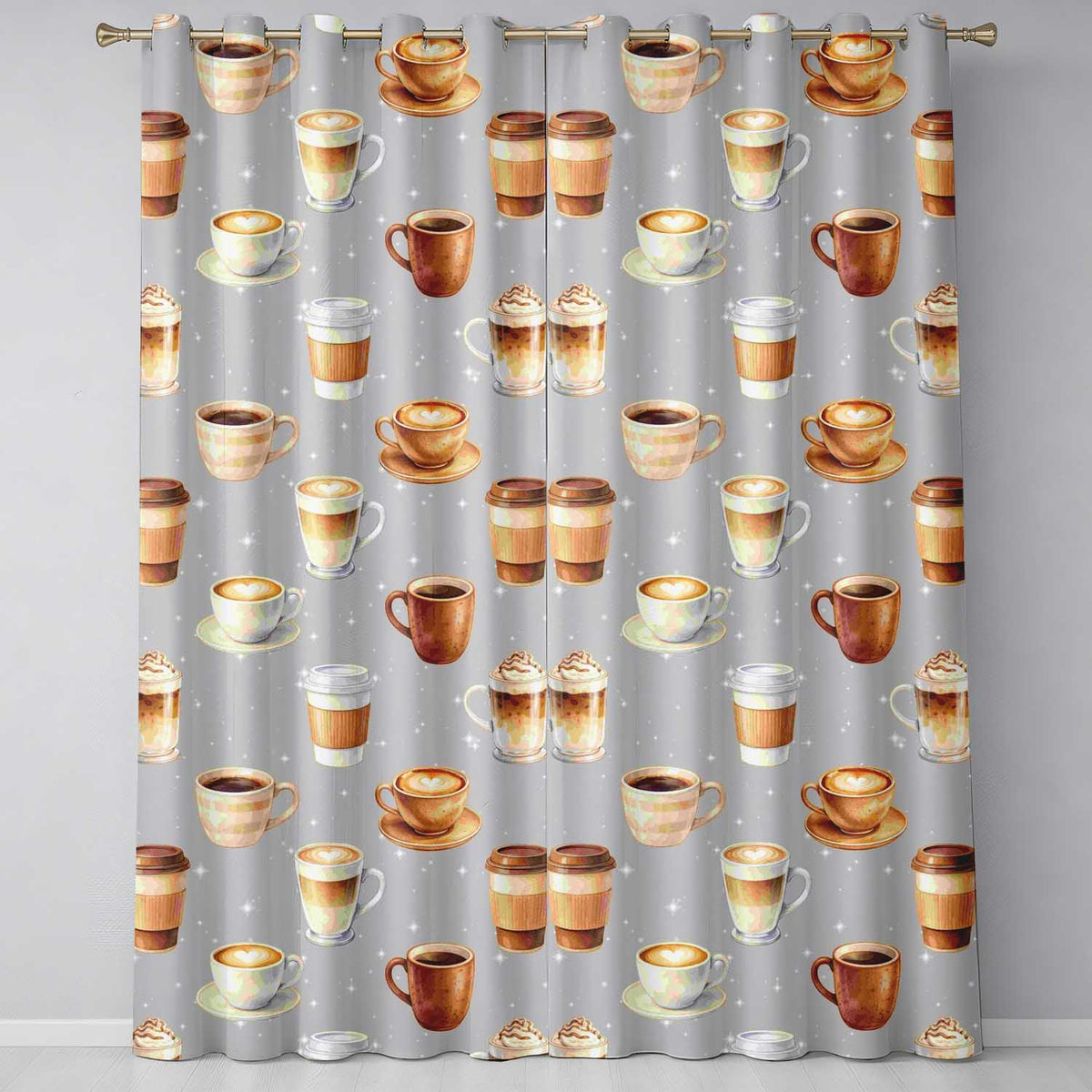 Coffee Latte Cappuccino Mug Seamless on Light Beige Background Readymade Eyelet Ring Top Thermal 100% Blackout Curtains