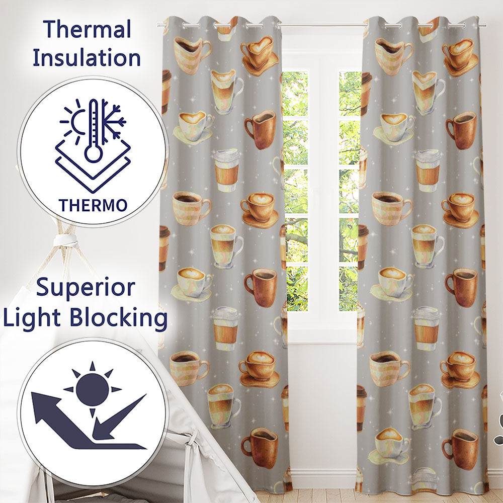 Coffee Latte Cappuccino Mug Seamless on Light Beige Background Readymade Eyelet Ring Top Thermal 100% Blackout Curtains