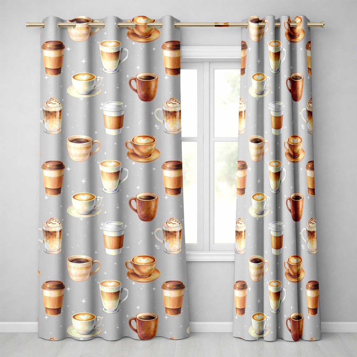 Coffee Latte Cappuccino Mug Seamless on Light Beige Background Readymade Eyelet Ring Top Thermal 100% Blackout Curtains