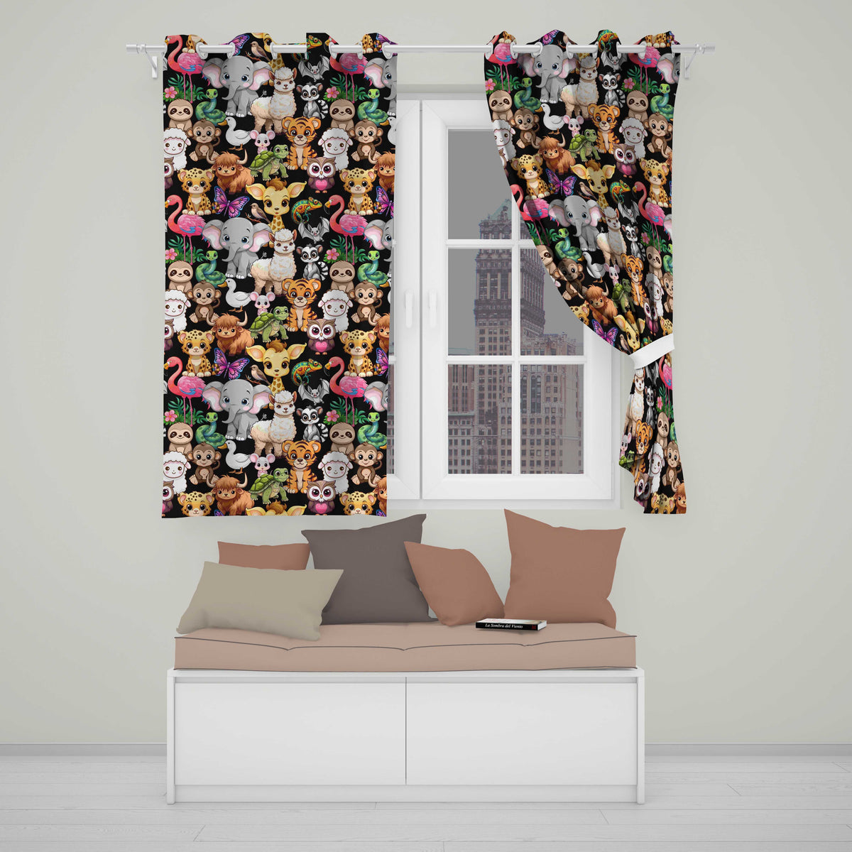 Cartoon Jungle Safari Animals Seamless on Black Background Readymade Eyelet Ring Top Thermal 100% Blackout Curtains