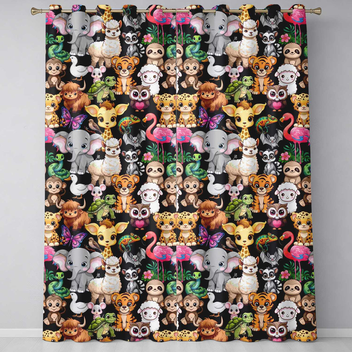 Cartoon Jungle Safari Animals Seamless on Black Background Readymade Eyelet Ring Top Thermal 100% Blackout Curtains
