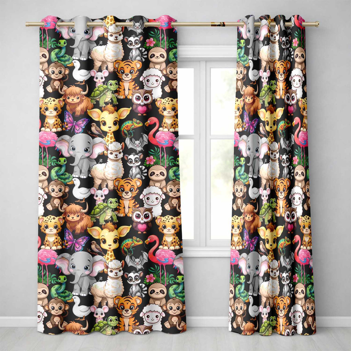 Cartoon Jungle Safari Animals Seamless on Black Background Readymade Eyelet Ring Top Thermal 100% Blackout Curtains