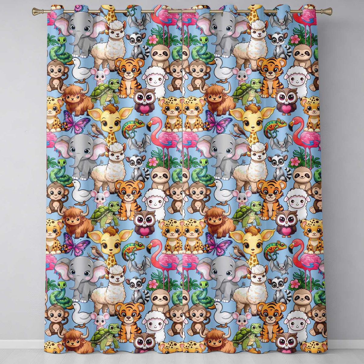 Cartoon Jungle Safari Animals Seamless on Blue Background Readymade Eyelet Ring Top Thermal 100% Blackout Curtains