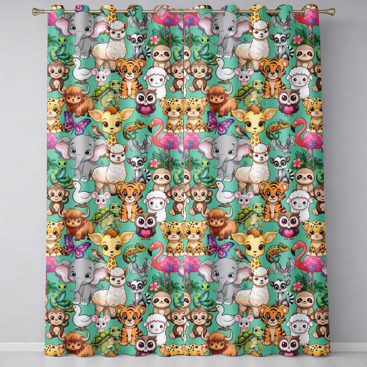 Cartoon Jungle Safari Animals Seamless on Green Background Readymade Eyelet Ring Top Thermal 100% Blackout Curtains