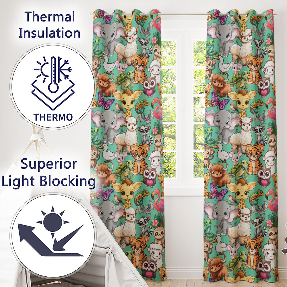 Cartoon Jungle Safari Animals Seamless on Green Background Readymade Eyelet Ring Top Thermal 100% Blackout Curtains