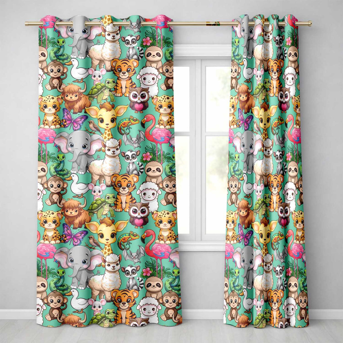 Cartoon Jungle Safari Animals Seamless on Green Background Readymade Eyelet Ring Top Thermal 100% Blackout Curtains