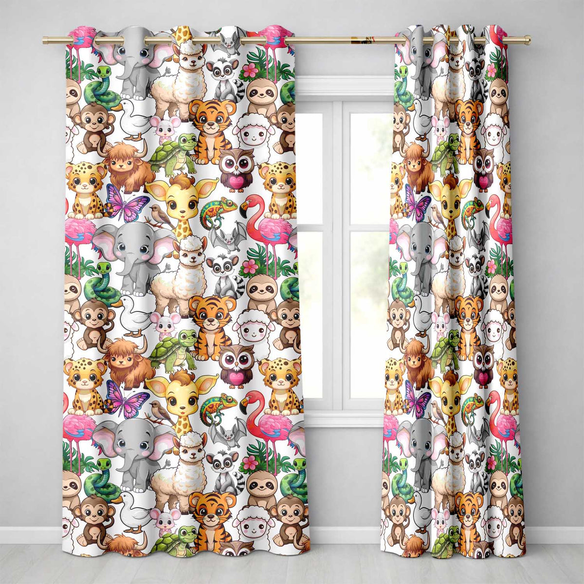Cartoon Jungle Safari Animals Seamless on White Background Readymade Eyelet Ring Top Thermal 100% Blackout Curtains