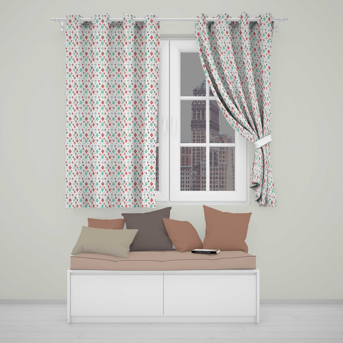Diamond Geometric Seamless in Red Teal Cream Readymade Eyelet Ring Top Thermal 100% Blackout Curtains