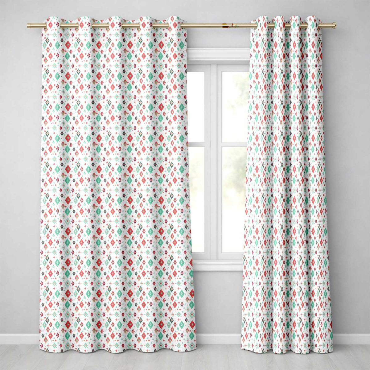 Diamond Geometric Seamless in Red Teal Cream Readymade Eyelet Ring Top Thermal 100% Blackout Curtains