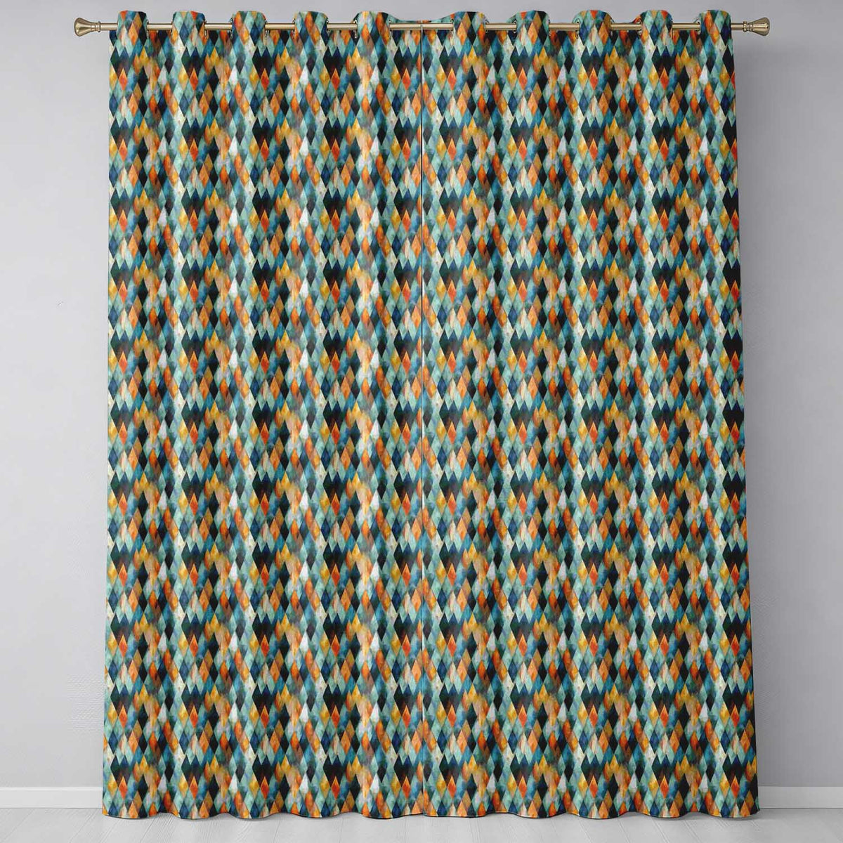 Abstract Diamond Mosaic Seamless in Teal Orange Blue Readymade Eyelet Ring Top Thermal 100% Blackout Curtains