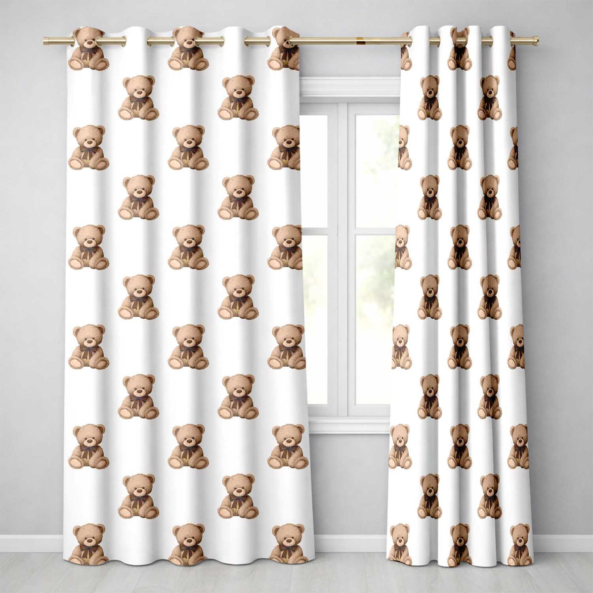 Teddy Bear Plush Toy Seamless on Soft Grey Background Readymade Eyelet Ring Top Thermal 100% Blackout Curtains