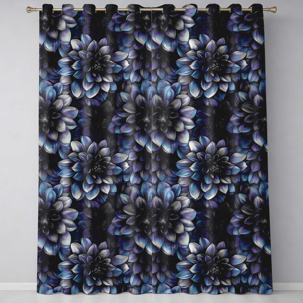 Monochrome Dark Blue Floral Seamless Elegant Botanical Design Readymade Eyelet Ring Top Thermal 100% Blackout Curtains