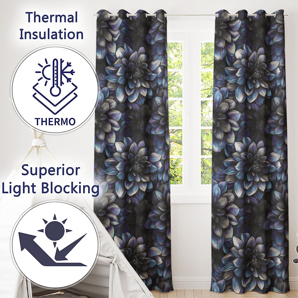 Monochrome Dark Blue Floral Seamless Elegant Botanical Design Readymade Eyelet Ring Top Thermal 100% Blackout Curtains
