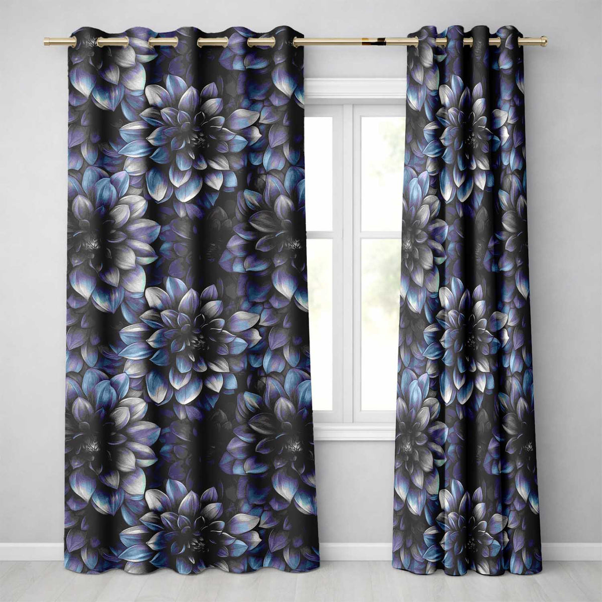 Monochrome Dark Blue Floral Seamless Elegant Botanical Design Readymade Eyelet Ring Top Thermal 100% Blackout Curtains