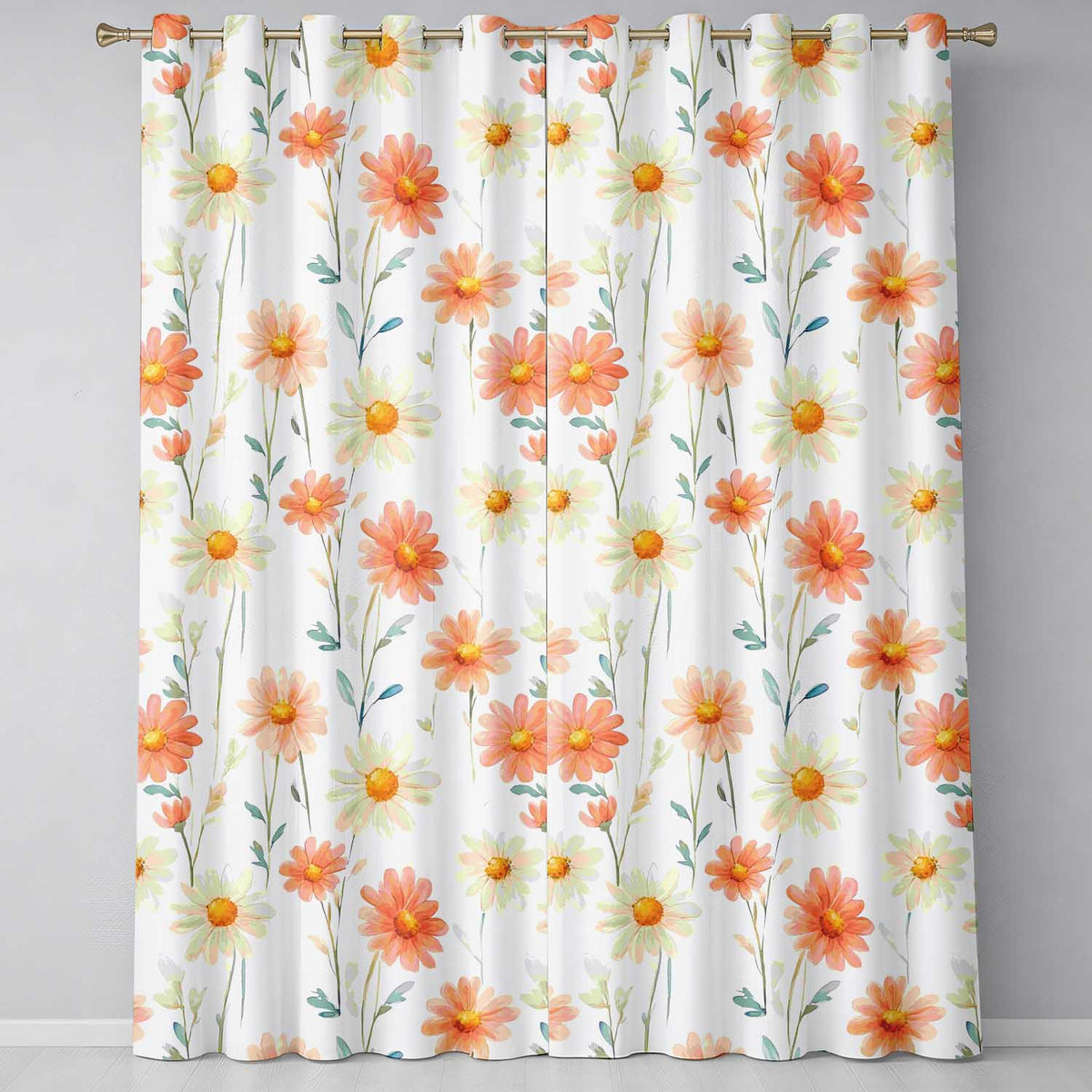 Watercolor Peach Daisy Floral Seamless on White Background Readymade Eyelet Ring Top Thermal 100% Blackout Curtains