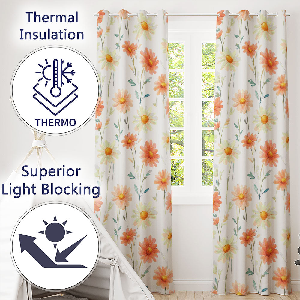 Watercolor Peach Daisy Floral Seamless on White Background Readymade Eyelet Ring Top Thermal 100% Blackout Curtains