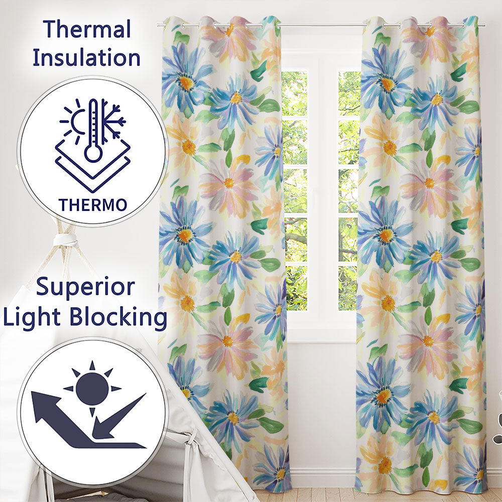 Watercolor Blue Floral Botanical Seamless on Cream Background Readymade Eyelet Ring Top Thermal 100% Blackout Curtains