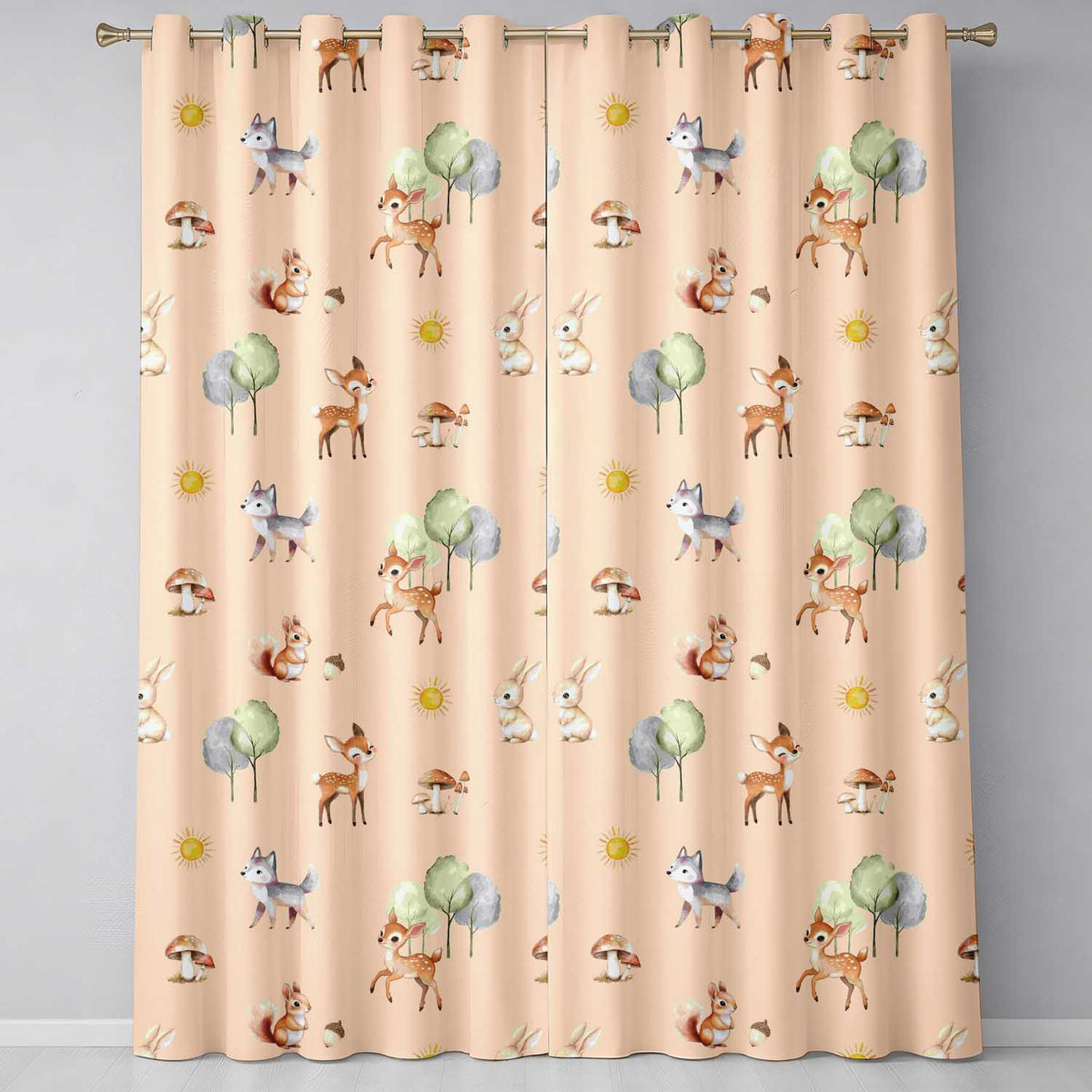 Woodland Deer Fox Mushroom Seamless on Peach Background Readymade Eyelet Ring Top Thermal 100% Blackout Curtains