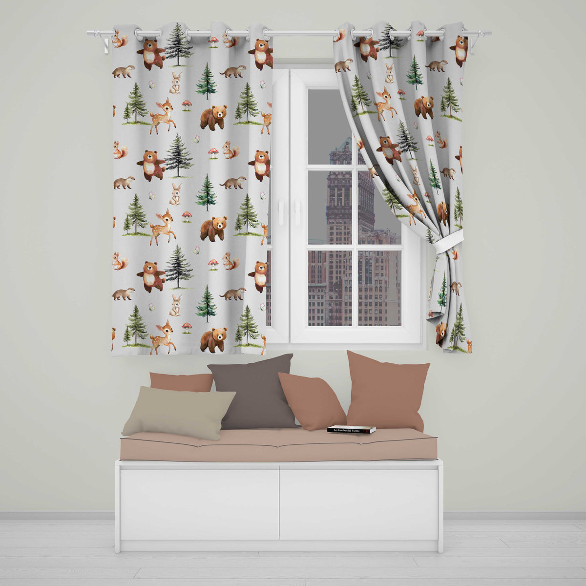 Woodland Forest Animals Bear Bunny Deer Seamless on Grey Background Readymade Eyelet Ring Top Thermal 100% Blackout Curtains