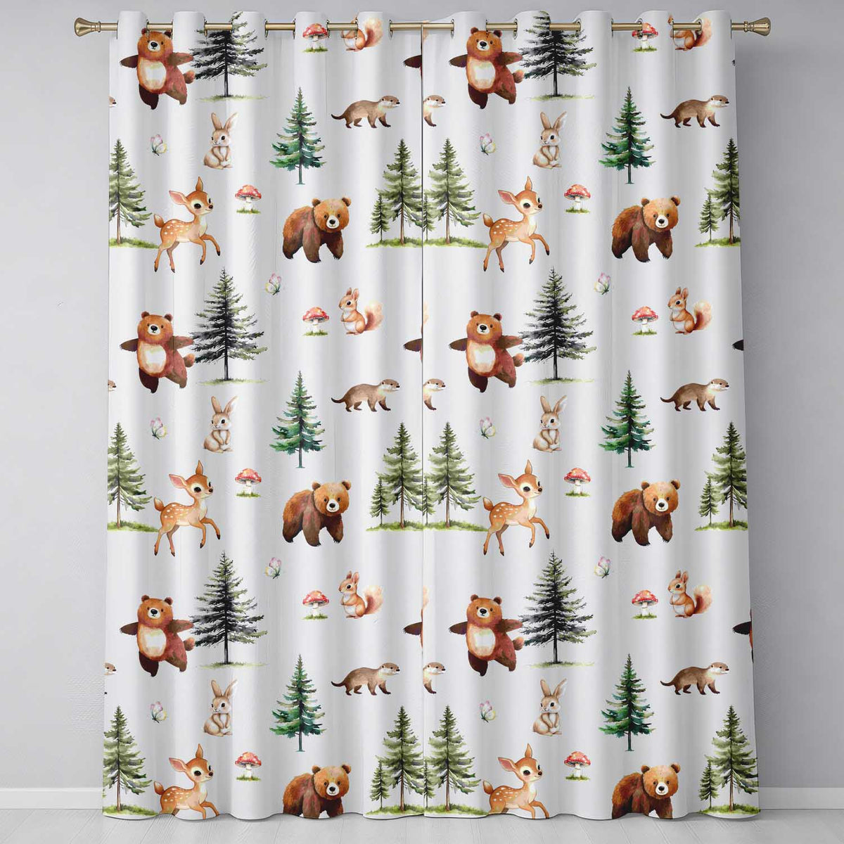 Woodland Forest Animals Bear Bunny Deer Seamless on Grey Background Readymade Eyelet Ring Top Thermal 100% Blackout Curtains