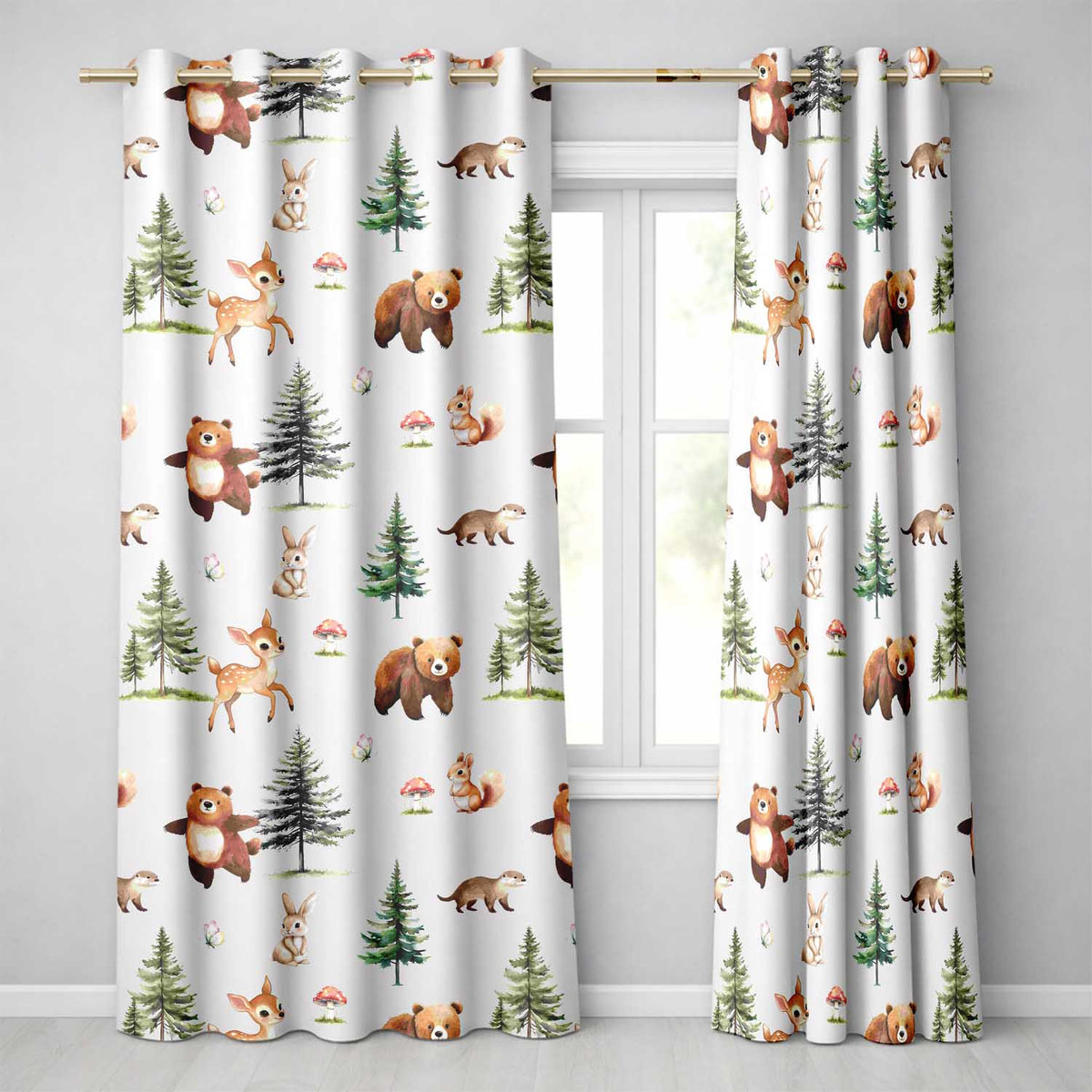 Woodland Forest Animals Bear Bunny Deer Seamless on Grey Background Readymade Eyelet Ring Top Thermal 100% Blackout Curtains