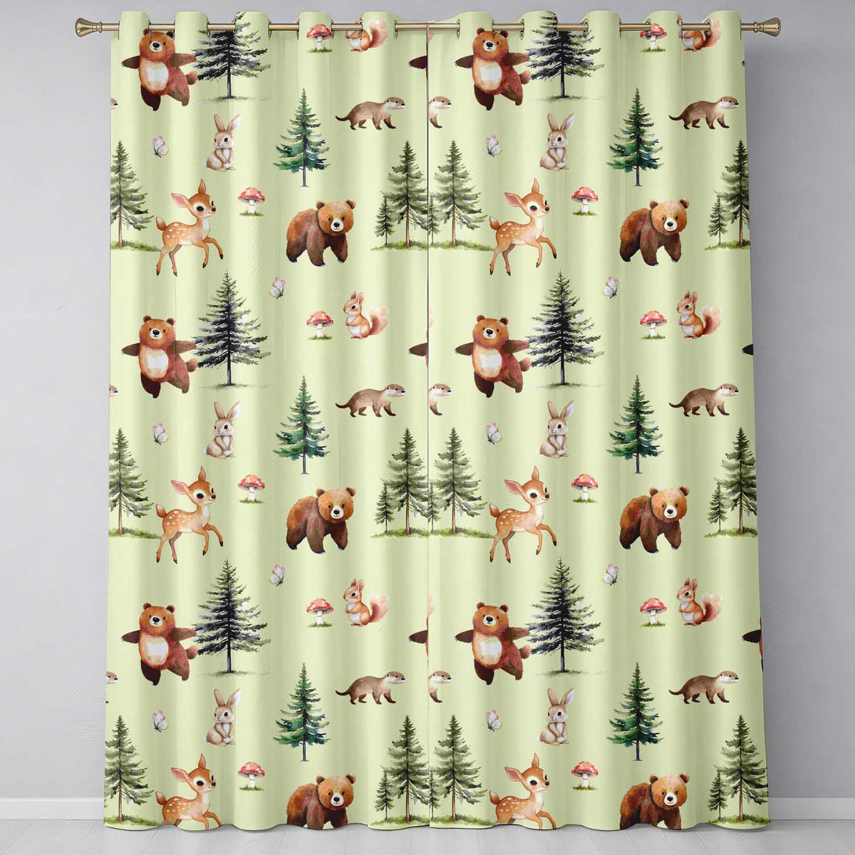 Woodland Forest Animals Bear Bunny Deer on Sage Green Background Readymade Eyelet Ring Top Thermal 100% Blackout Curtains