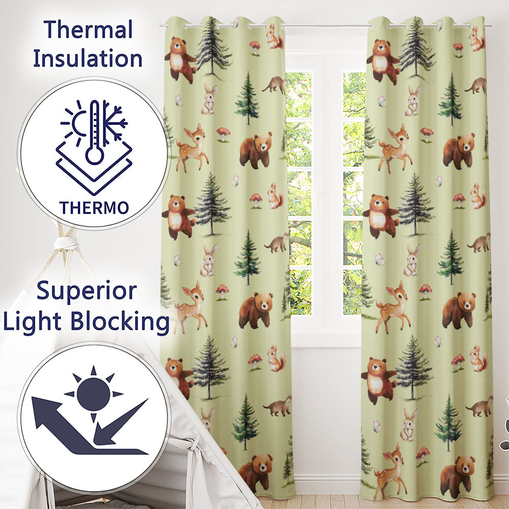 Woodland Forest Animals Bear Bunny Deer on Sage Green Background Readymade Eyelet Ring Top Thermal 100% Blackout Curtains