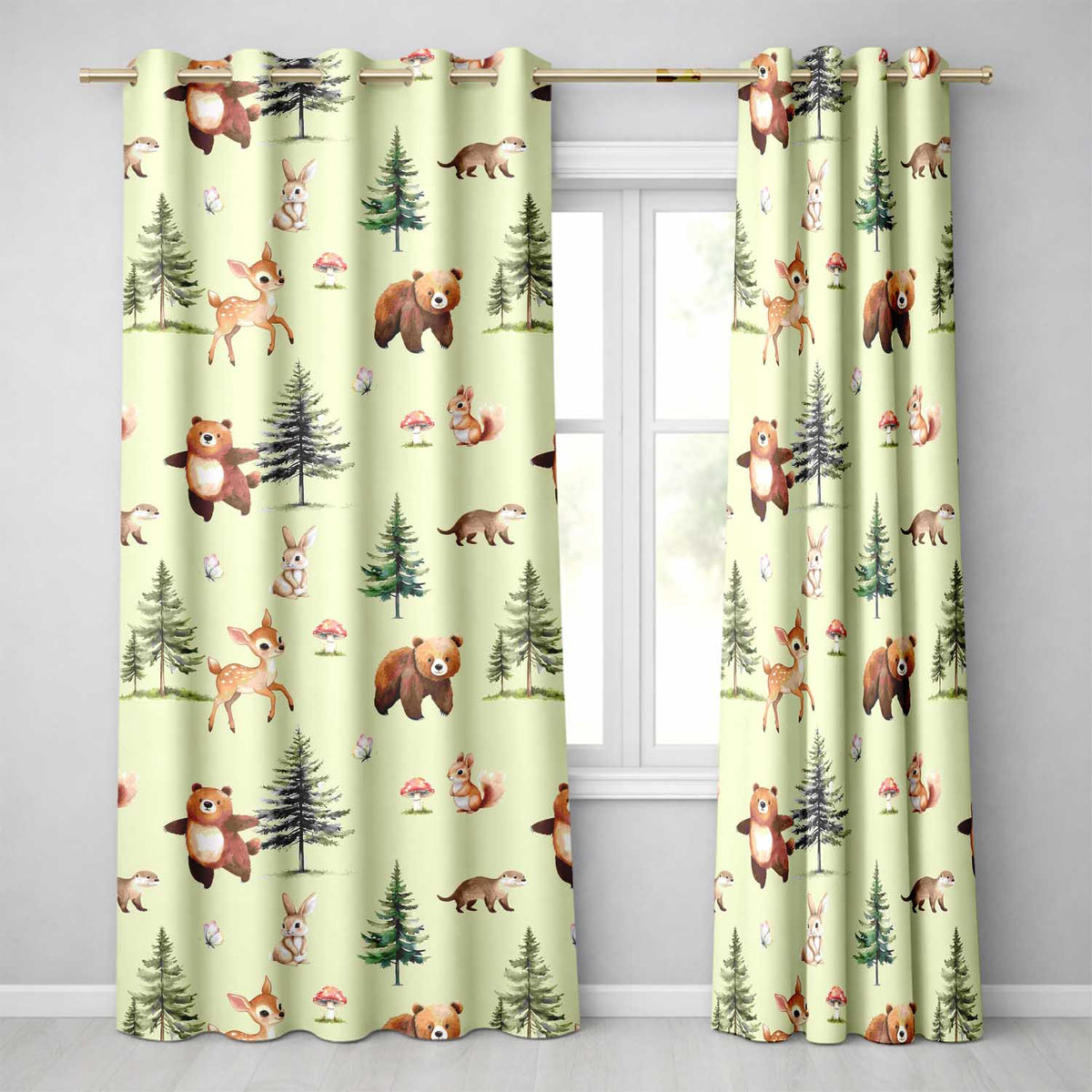 Woodland Forest Animals Bear Bunny Deer on Sage Green Background Readymade Eyelet Ring Top Thermal 100% Blackout Curtains