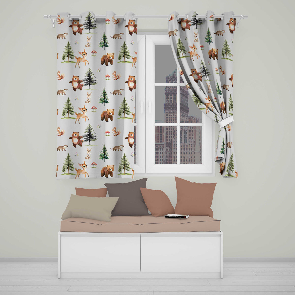 Woodland Forest Animals Bear Bunny Deer on Grey Background Readymade Eyelet Ring Top Thermal 100% Blackout Curtains