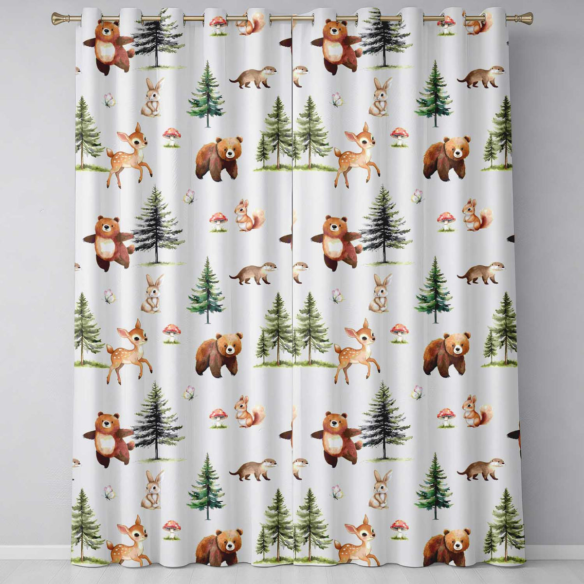 Woodland Forest Animals Bear Bunny Deer on Grey Background Readymade Eyelet Ring Top Thermal 100% Blackout Curtains